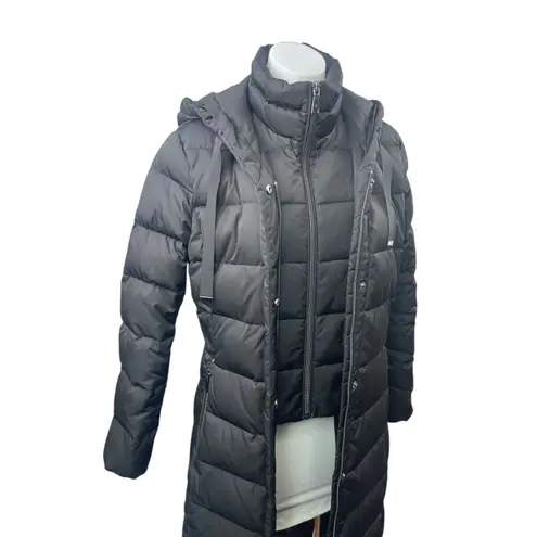 Tahari  Women's Black Hoodied Full Zip Puffer Quilted Maxi Long Coat Jacket Sz S
