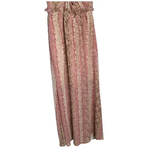 New Snake Reptile Print Spaghetti Strap Sheer Ruffle Lined Maxi Dress Pink M Size M