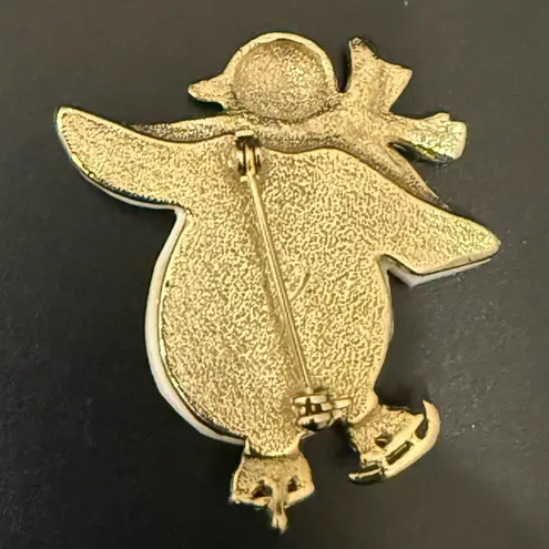 Vintage Unsigned Enameled Penguin Ice Skating Mosaic MOP Belly Brooch 23g. Red