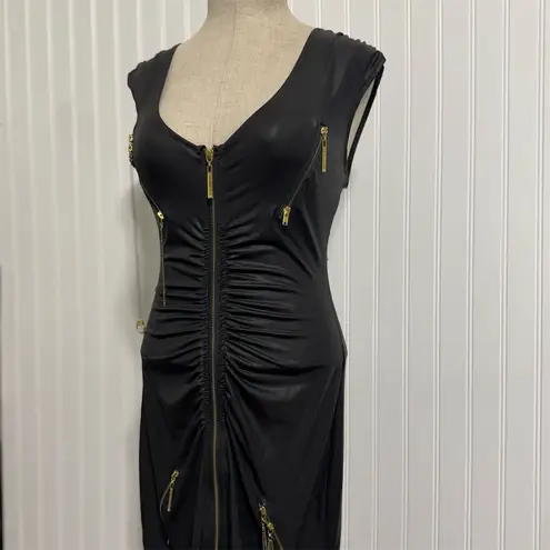 Rocawear VTG M Black Bodycon Dress Gold Zippers Chains Y2K Streetwear Glam