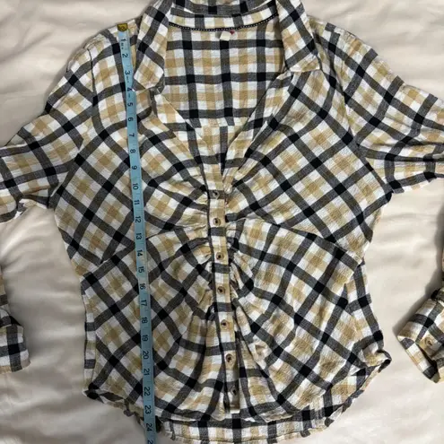 Pilcro Plaid Button Front Ruched Long Sleeve Shirt Size XL Tan Black White