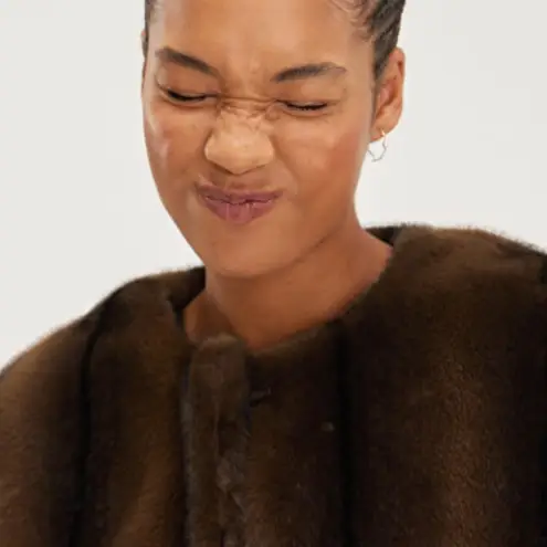 Monki Round Neck Drop Shoulder Cropped Faux Fur Jacket Dark Brown