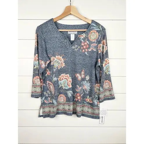 Alfred Dunner Scottsdale Blue Floral Print 3/4 Sleeve Patterned Ribbed Top Sz MP