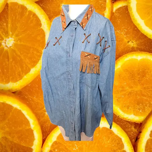 P.G.B. Western Denim Shirt Leather Fringe Lace Up Detail Large Blue