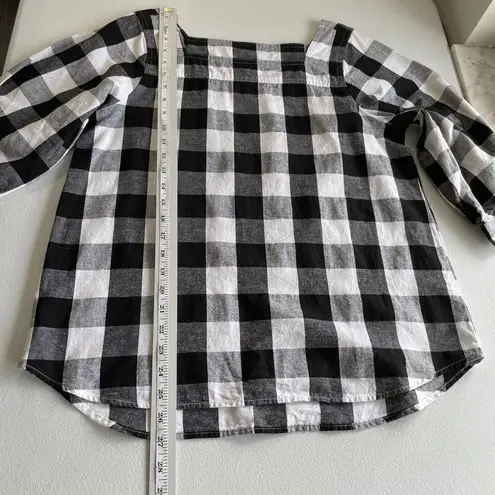 Time And Tru Black & White Buffalo Check Womens Top S Square Neck Cotton Linen