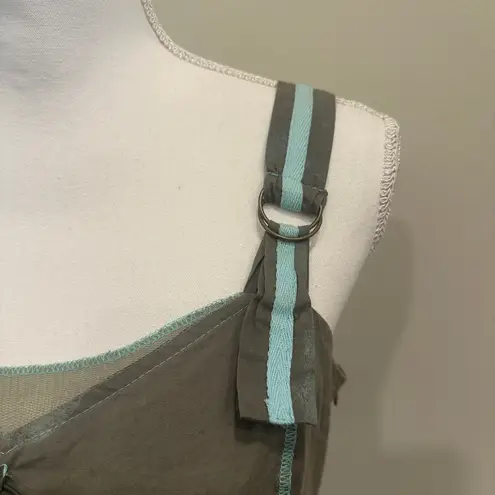 Khaki Cotton Beaded Strap Tank Top Turquoise Detail Boho Lagenlook Fairy Small Green