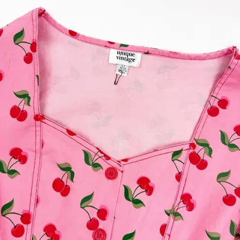 Unique Vintage New Retro Cherry Print Button Front Mini Fit Flare Dress Pink Red