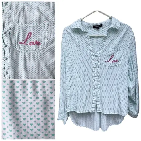 Velvet Heart Hearts Pattern Valentine’s Green White LOVE Button Up High Low Hem Top Women’s L