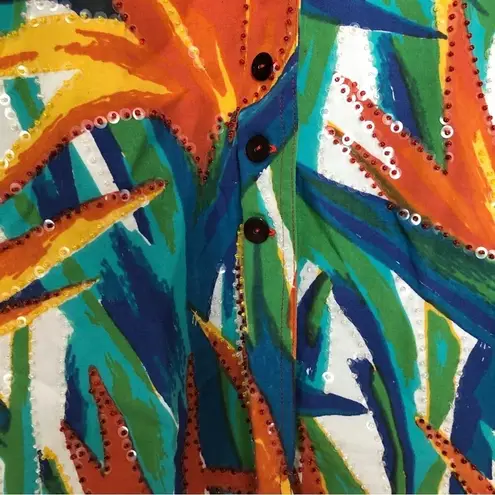 Multicolor Blue Orange Yellow Green Tropical Sequin Button Up Shirt Blouse Top Size L