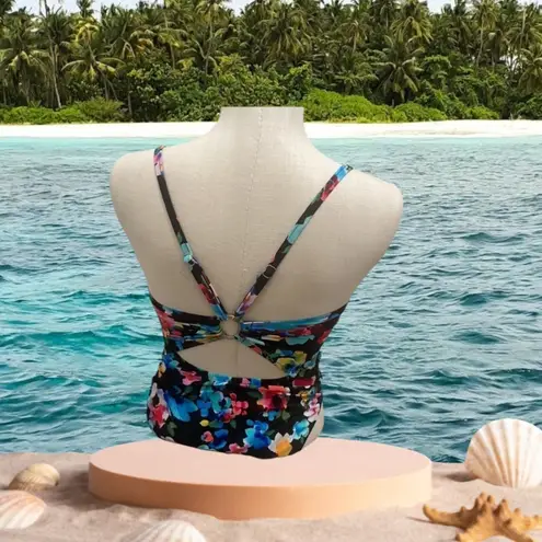 Aqua Green Swimwear Women One-Piece Swimsuit Ring Back Black Floral New Small