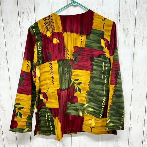 Vintage Elizabeth Williams Medium Multi Color Leaf Print Long Sleeve Tunic Top Yellow