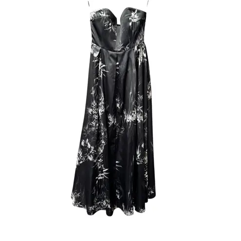 Sau Lee Olivia Strapless Long Maxi Gown Dress Floral Black Gray White 8