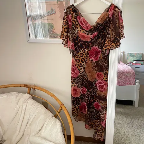 Vintage 90s Y2K Patra Asymmetrical Draped Cowl Leopard Rose Floral Midi Dress Brown Size 6