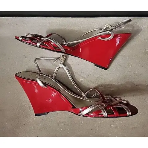 Ralph Lauren  Berdy Red/silver Metallic Strappy Patent Leather Wedge Heels Sze 10