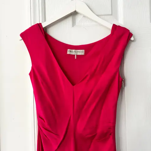 Emilio Pucci Solid Hot Pink V Neck Ruched Waist Side Exposed Zip Sheath Dress 6
