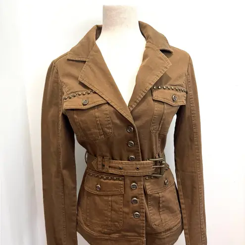 Affliction Black Premium Cargo button-up jacket with a belt in a brown color.