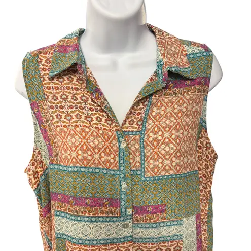 Rose + Olive Women M Sleeveless Patchwork Print Collared Button Up Shirt Blouse Pink Size M