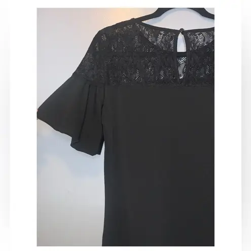 Adrianna Papell  Black Short Bubble Sleeve Lace Top Keyhole Business Casual Top M