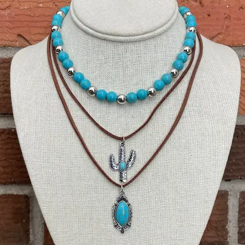 Saguaro Cactus & Turquoise Pendant Necklace Set with Faux Leather Brown