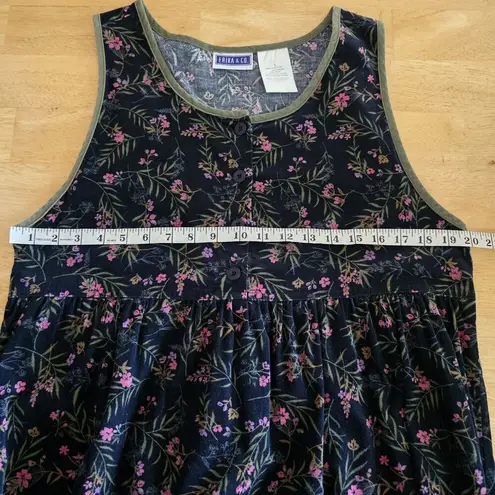 Erika & Co Vintage 90s Black Floral Corduroy Cotton Midi Cottagecore Dress Sz L Size L