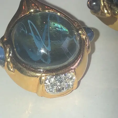 Toplin Weinberg Gold Tone & Blue Poured Glass Clip Earrings