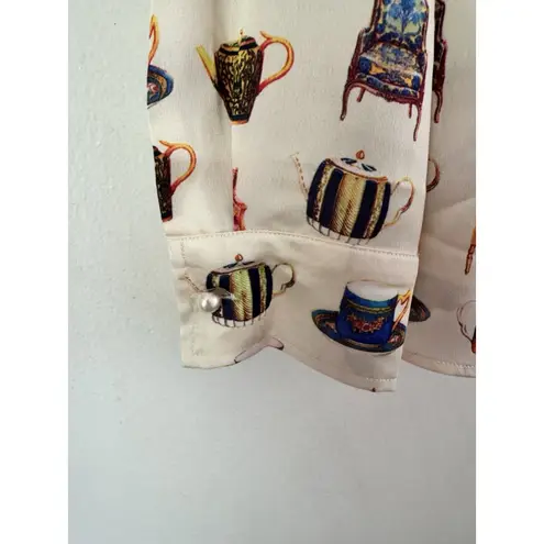 Talbots NWD  Teacup Satin Long Sleeve Blouse Womens Medium Whimsical Teaparty