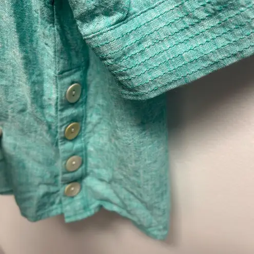 Sigrid Olsen Light Green Linen Coastal Grandma Quiet Luxury V-Neck Tunic Top