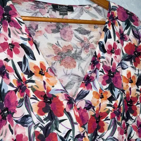 Belle by Belldini Colorful Floral Short Sleeve DeepV Crossover Stretch Blouse 1X