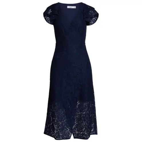 Ali & Jay Dress XS Lace and Paper Flowers Wrap Midi Ruffle Sleeve Navy Blue