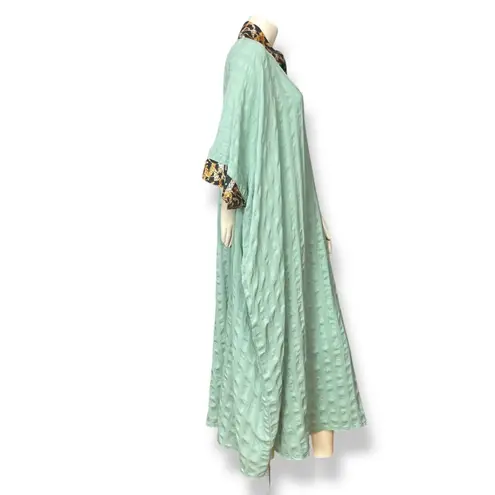 Handmade Kaftan Dress Light Green Kuwait Women Maxi Textured Fabric Pattern Trim