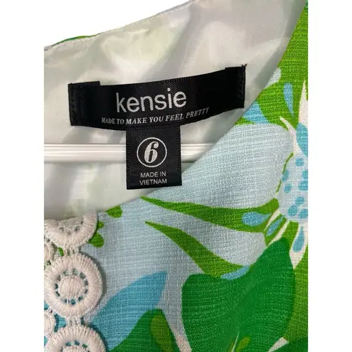 Kensie  Shift Dress Sleeveless Size 6 Green Blue Floral Embroidered‎ Trim Summer