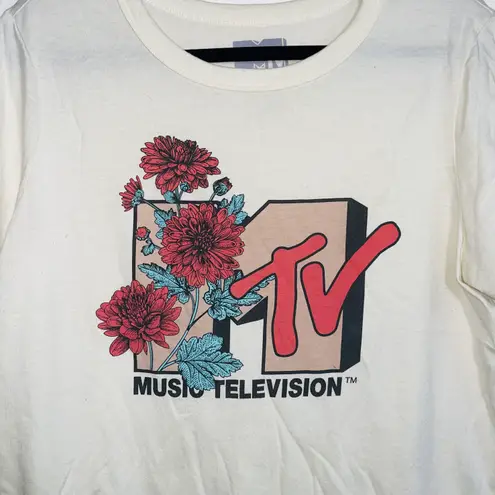 MTV Brand MTV Ivory White Floral Print Short Sleeve Crop Graphic Tee