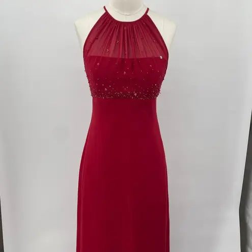 Vintage Y2k Beaded Evening Gown Maxi Dress Halter Neck Empire Waist Red Womens 0
