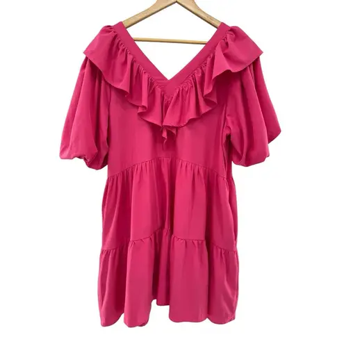 Entro  Womens Tiered Puff Sleeve Mini Dress Hot Pink Ruffle V Neck Large‎