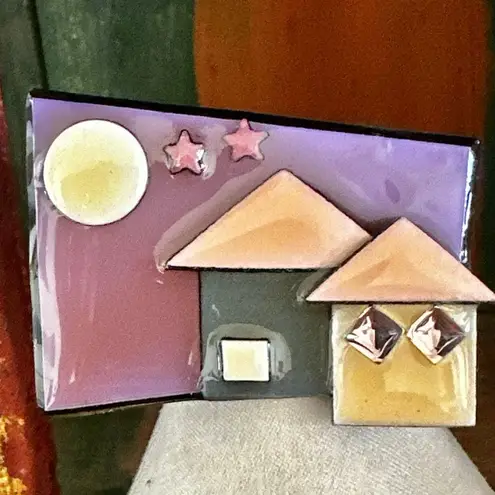 House Pins by Lucinda Mixed Media Moon & Houses Brooch