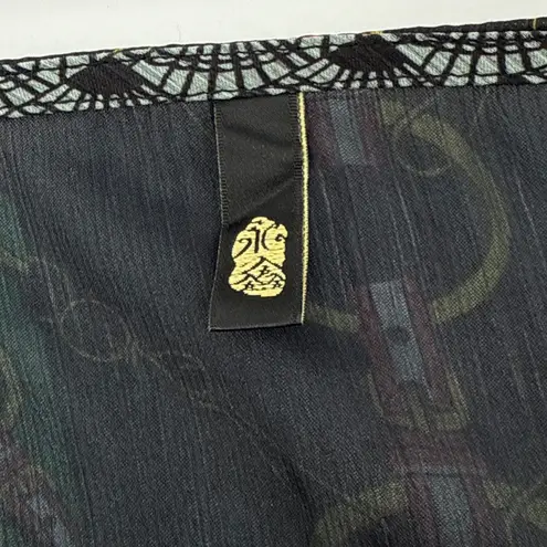 Japanese Brand Silk Blend Chain Print Dress Belted Green Black Short Sleeve XL