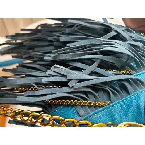 Nila Anthony Teal Blue & Gold Chain Faux Leather Tassel Western Boho Crossbody