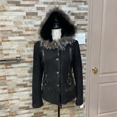 MODA'S genuine shearling suede fur coat jacket winter coat brown warm Sz M Black Size M