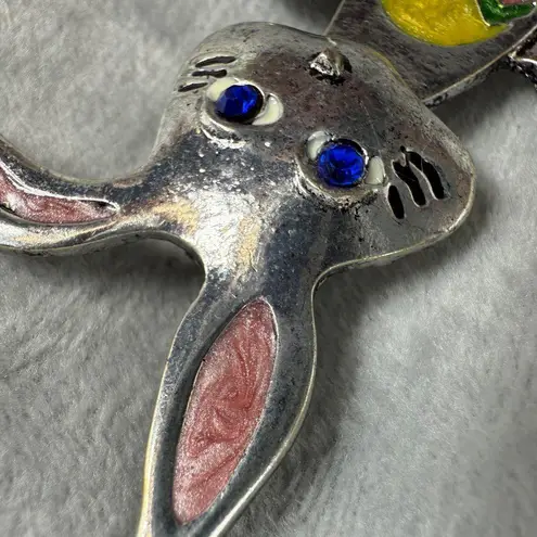 Bunny Rabbit Brooch Pendant Colorful Easter Egg Design Blue Rhinestone Eyes Silver