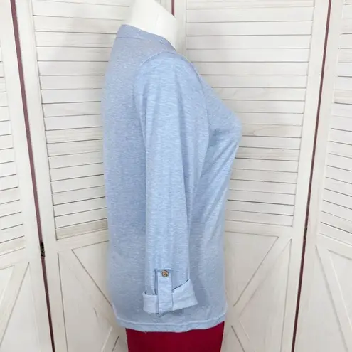 Heathered V Neck Roll Tab Long Sleeve Henley T Shirt Blue Large