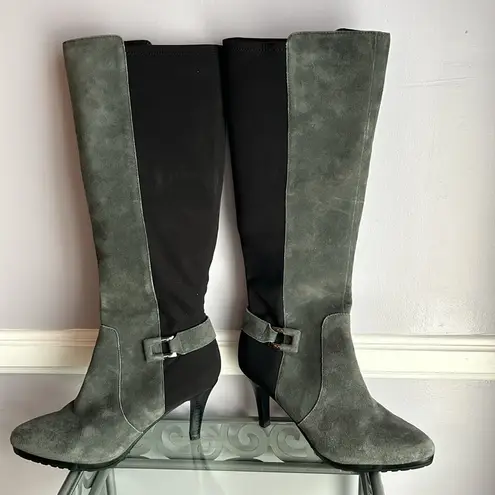 Tahari Greyson gray suede and black stretch color block knee high platform boots