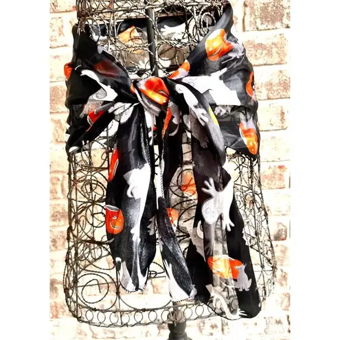 Halloween Scarf Black Gray Cat Ghosts Jack O Lantern Festive Spooky Deco…