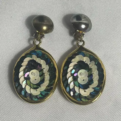 Vintage 80’s Elegant Sequin Drop Clip On Earrings Multicolor Gold/Silver Gold