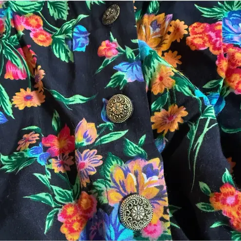 Vintage 80s Nina Piccalino Floral Button Down Shirt Dress Size 6 Black