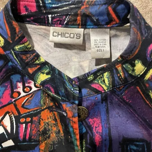 Chico's  Jacket Womens Medium 1 Colorful Abstract Button Up Wearable Artsy Boho