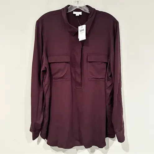 J Jill Soft Luxe Utility Popover Blouse Top Women's Large Plum Long Sleeve NWT Purple