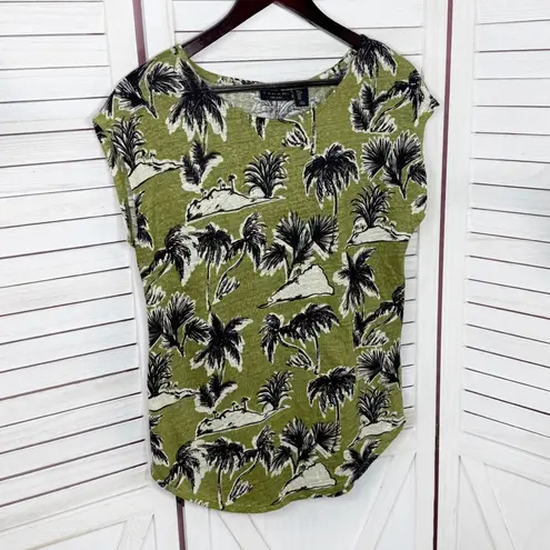 Tahari Tropical Island Print Linen Knit Cap Sleeve Tee Shirt Olive Green Small
