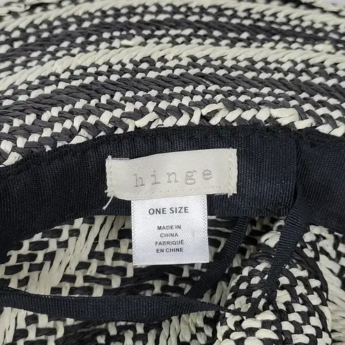 Hinge Two Tone Panama Hat Black White Wide Brim Woven Straw Pom Pom Summer NWOT