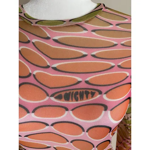 Vintage Y2K OMIGHTY Sheer Mesh Top Small Fairy Grunge Green Pink Graphic T Pink