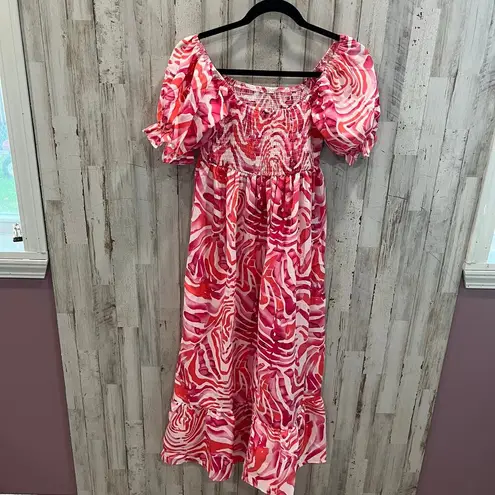 Beachsissi New! Pink Smocked Print Off The Shoulder Midi Dress Womens Size Small